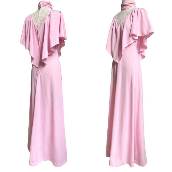 70s vintage victorian maxi dress Cape Sleeve lace cutout cottage high collar. - Picture 5 of 7